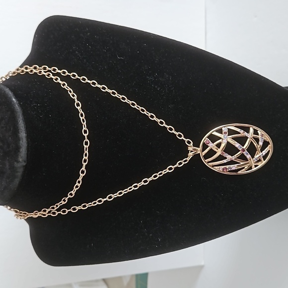 NRT Rose Gold Tone Pendant w/ Purple, Blue & Clear Rhinestones on 30" Chain - Picture 2 of 8